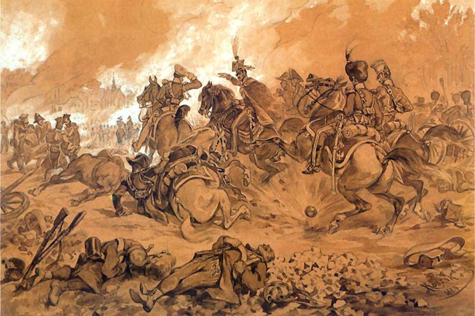 Szkic do obrazu Bitwa pod Raszynem- Juliusz Kossak, akwarela z 1884 r. 